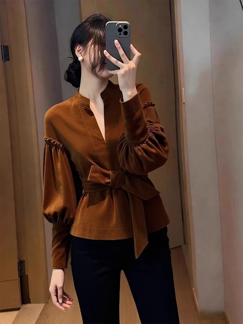 冬季高端小资小上衣巨好看时髦洋气收腰法式轻熟气质咖色气质衬衫