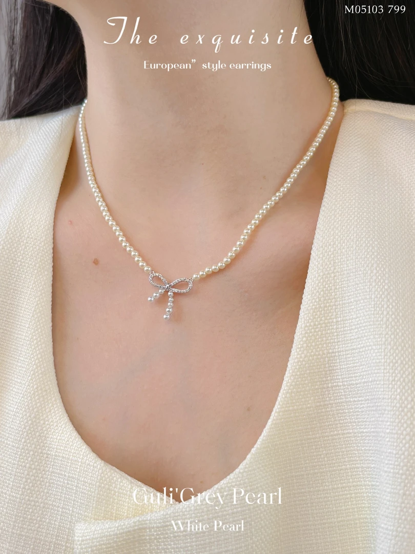 铜合金仿珍珠项链 铜合金项链欧比雅比蝴蝶结小米珠百搭项链