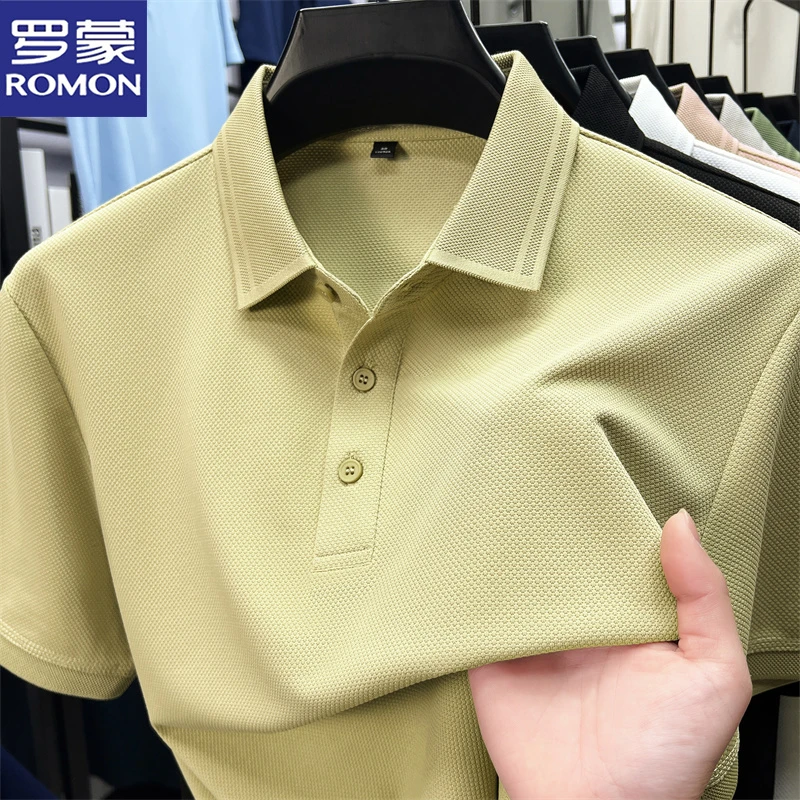 罗蒙夏季冰感男士纯色短袖POLO衫中青年宽松透气易打理休闲T恤衫