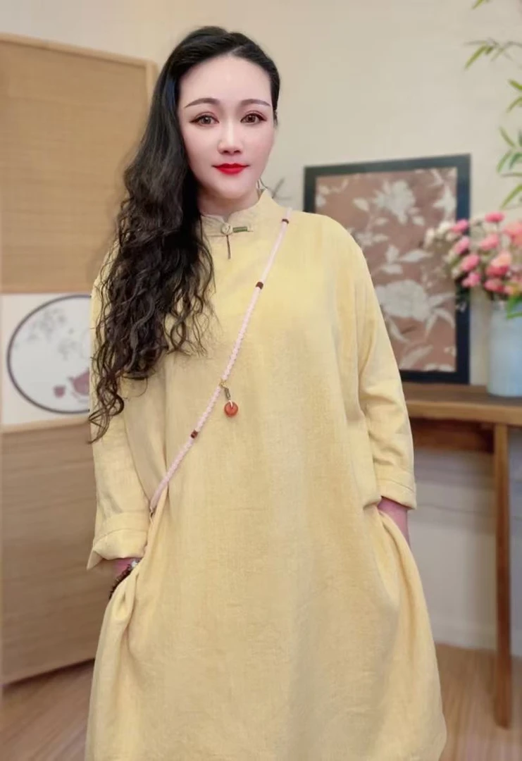 【盛涵】夏季中国风亚麻复古立领一粒扣改良袍子开叉显瘦中长连衣裙