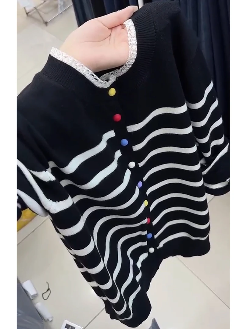 法式百搭减龄圆领条纹针织开衫女装秋季2025新款洋气显瘦长袖上衣