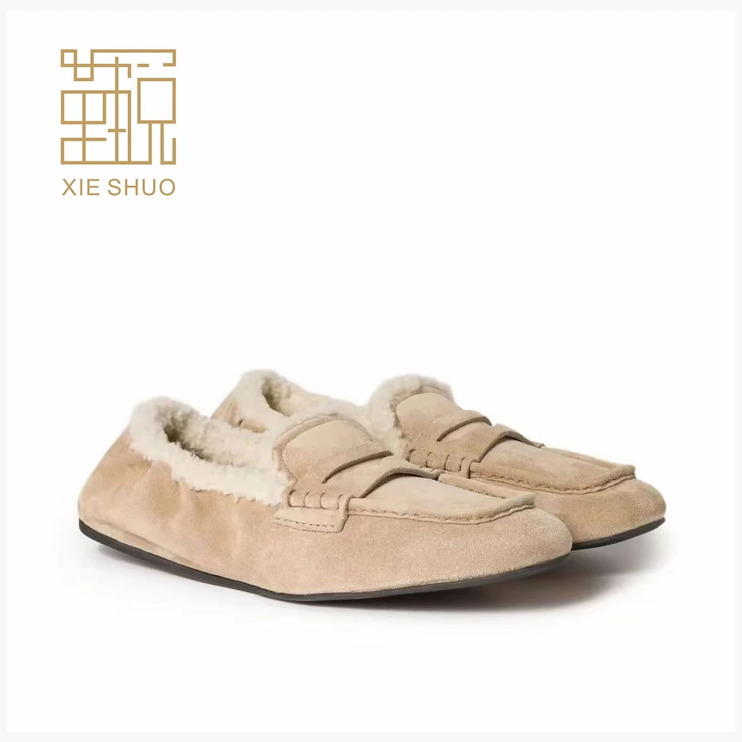 miu风真皮乐福鞋冬季保暖羊羔毛平底单鞋加绒一脚蹬毛毛豆豆鞋女