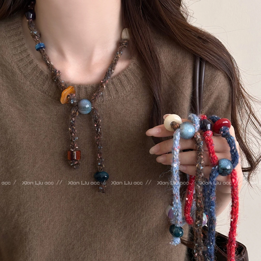 非金属布艺项链 秋冬高级感毛线串珠抽拉项链女独特百搭毛衣链潮