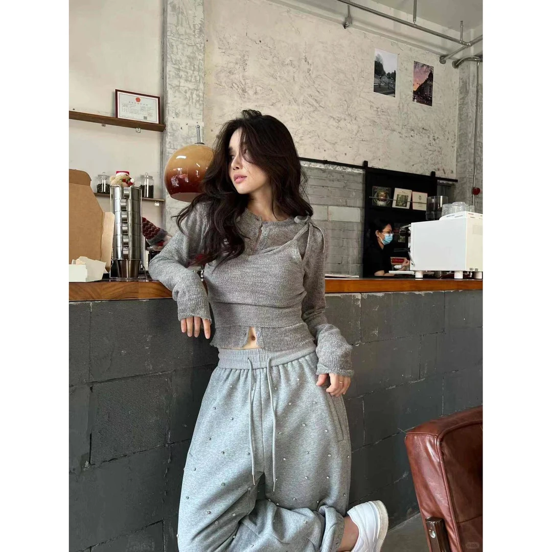 【清加绒卫裤套装】时尚气质显瘦吊带长袖针织衫阔腿裤F1006-55687