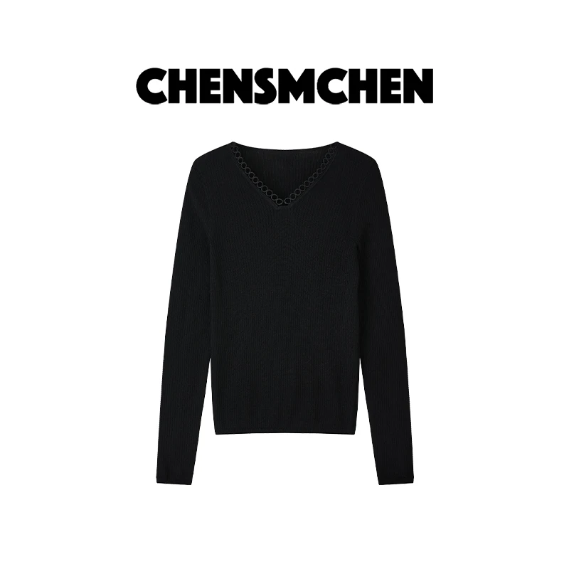 CHENSMCHEN 绵羊毛纯色V领简约针织衫女时尚显瘦打底衫CSZ7753LC