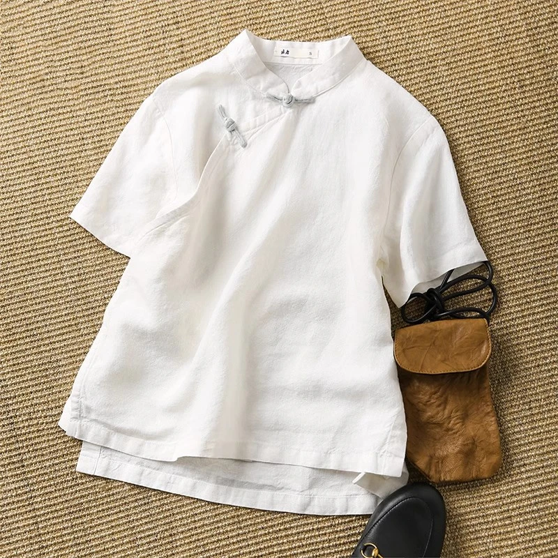 中国风改良短袖旗袍上衣女复古立领盘扣撞色小众设计感妈妈装衬衫