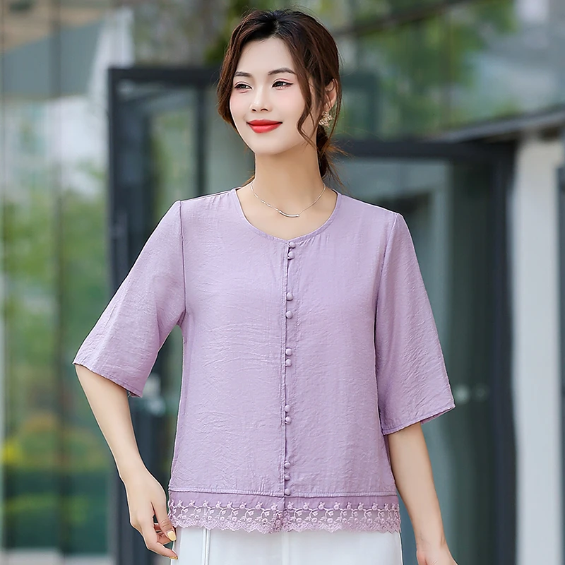 2025夏季新款衬衫女蕾丝边中袖衬衣宽松开衫花边文艺复古透气上衣