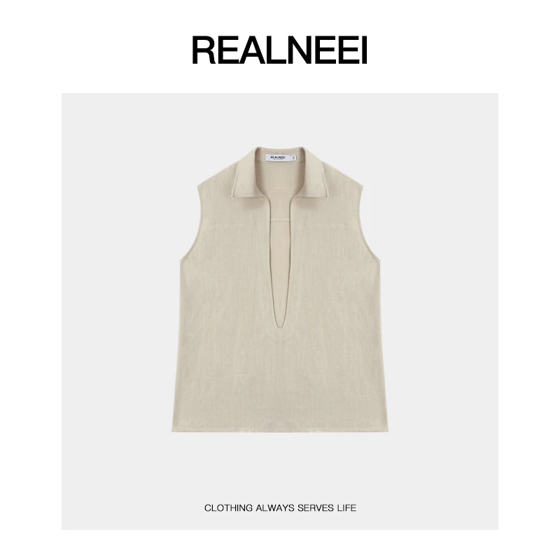 REALNEEI【慢时尚】老钱极简亚麻肌理感设计师款深V无袖马甲21475