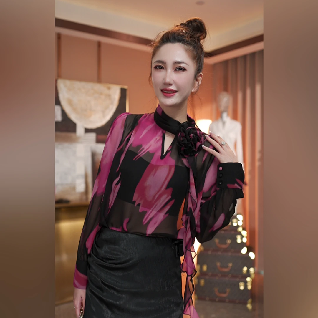 设计师夏季气质长袖时尚百搭印花扎染扎染女士衬衫上衣 X1939