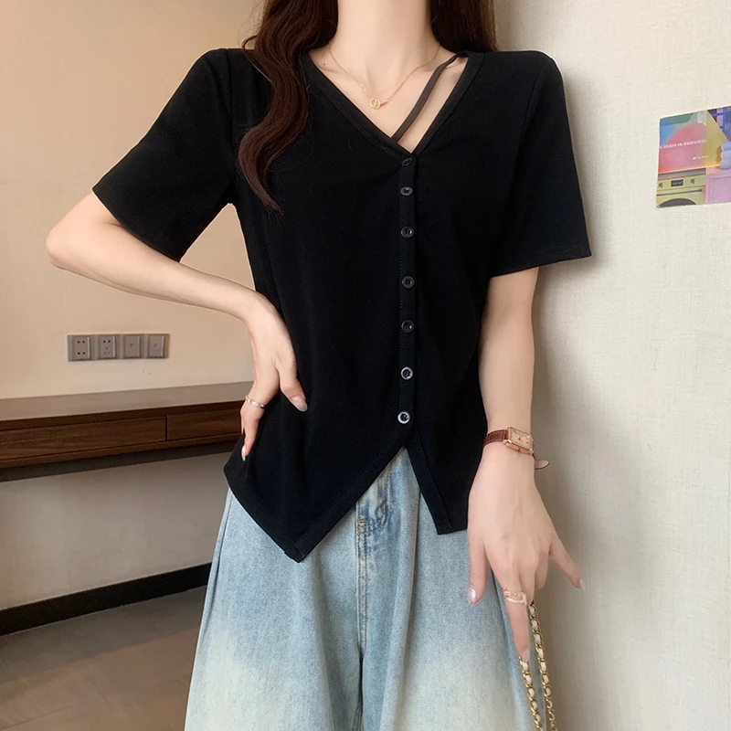 微大码2025年夏季新款短袖上衣纯欲风辣妹遮肚显瘦单排扣半袖T恤