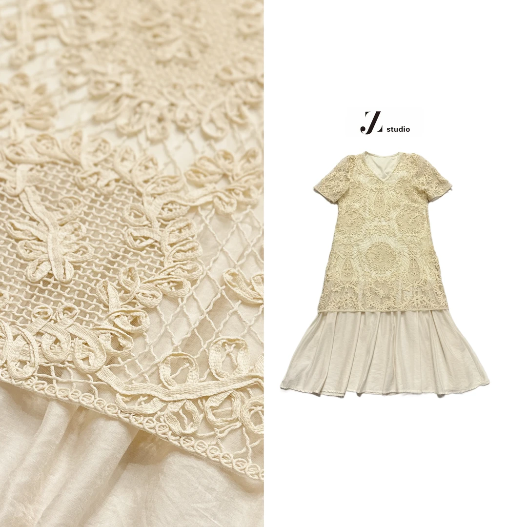 C6388大码胖M新款立体盘线钩花V领高级轻奢拼接连衣裙