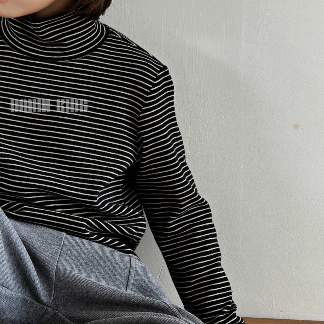 嗒囜【黑白调】细腻亲肤双面棉 秋冬儿童条纹半高领打底衫内搭T恤