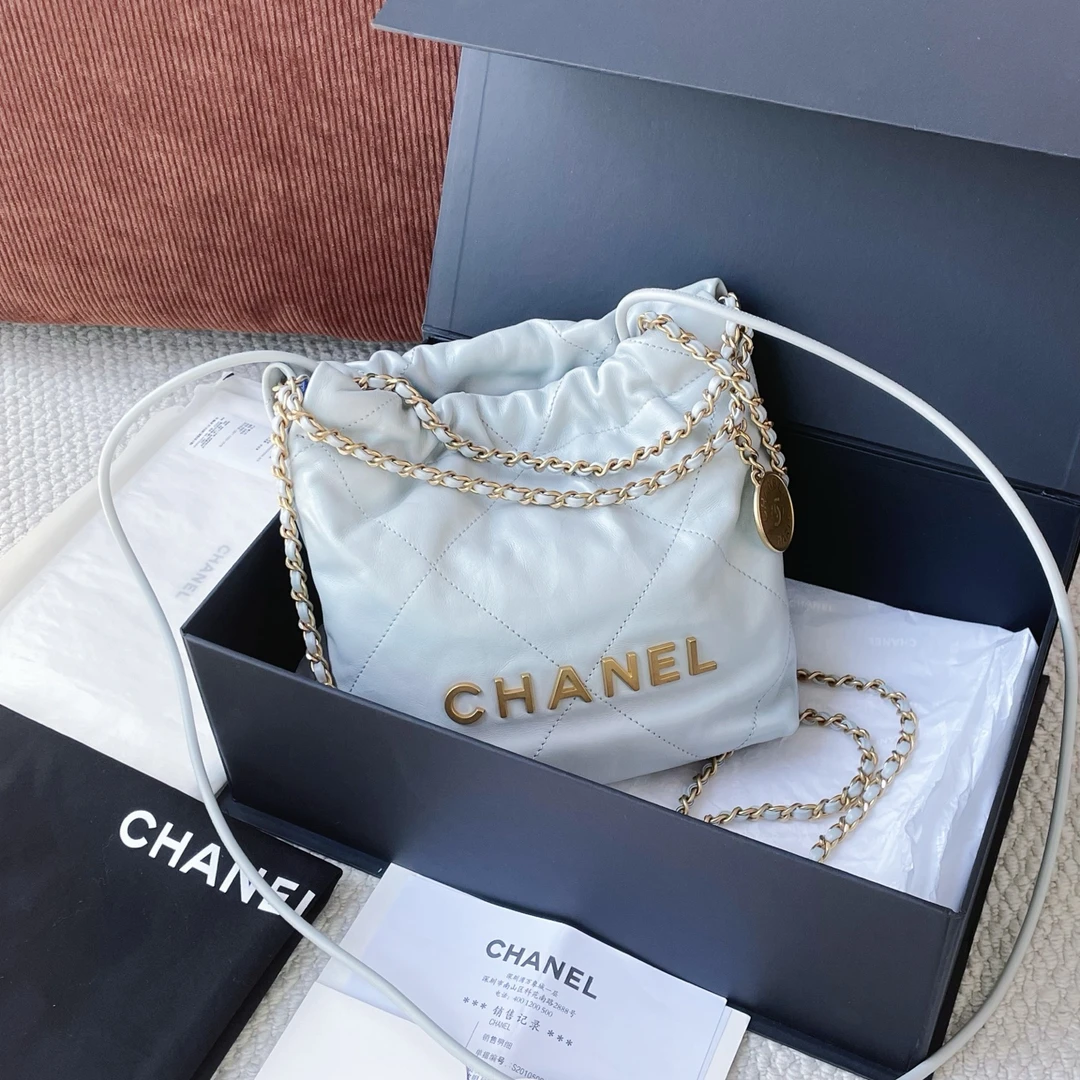 99新 Chanel/香奈儿 23s灰蓝色金扣22bag mini垃圾袋JM2-8330