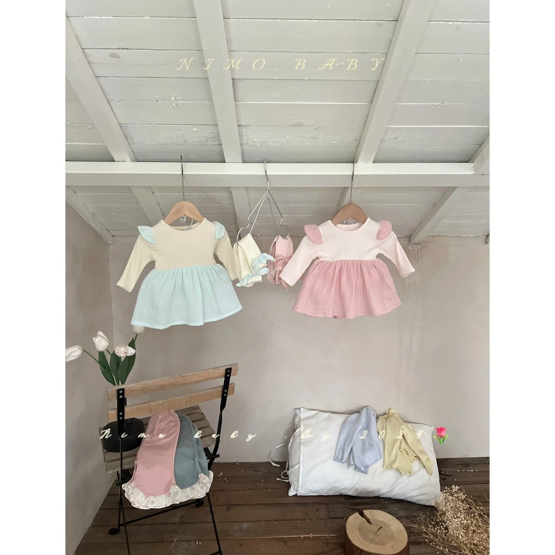 NIMO【泡泡奶】韩版春夏款宝宝气质风撞色公主洋气飞袖包屁哈衣裙
