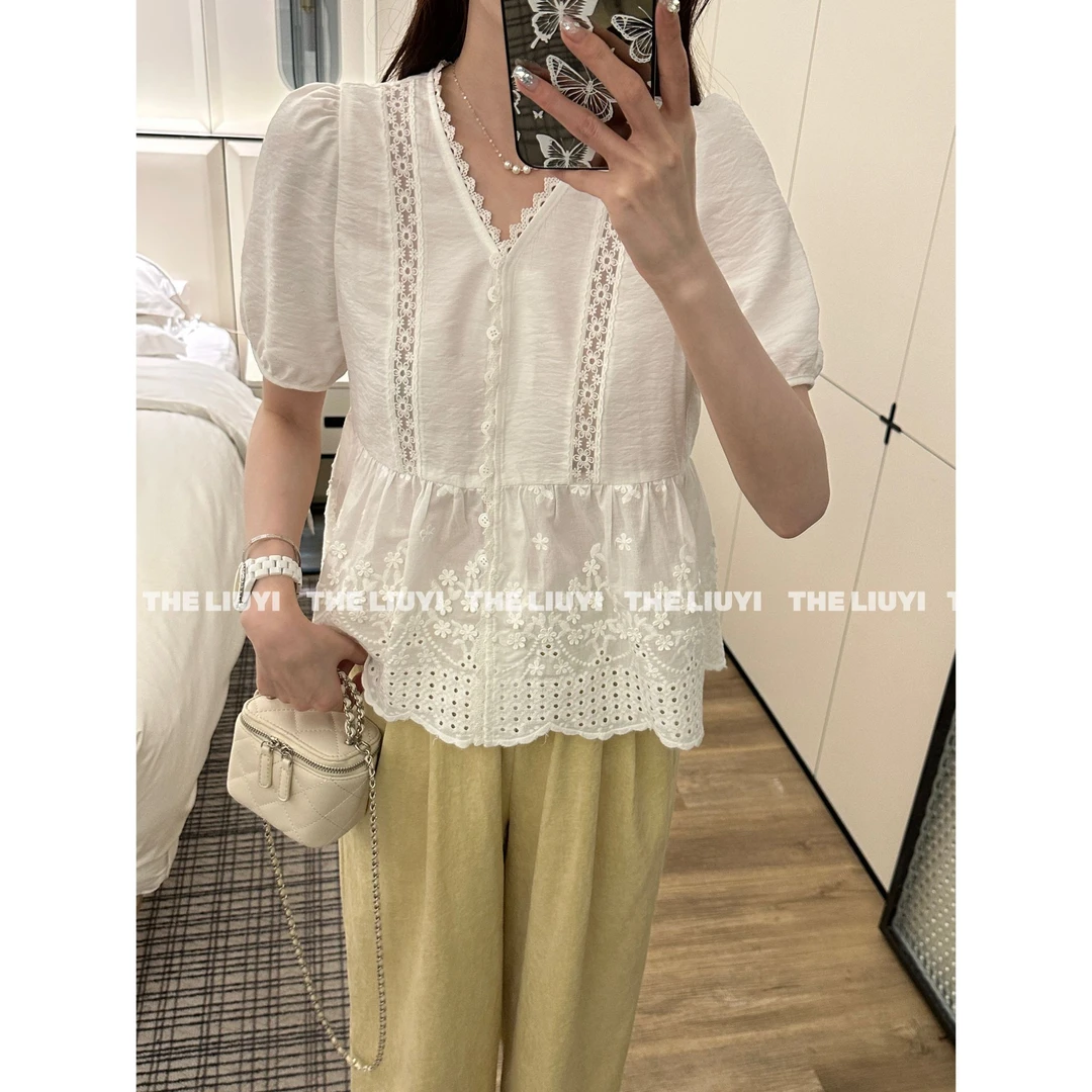 【LIUYI】白芷~夏季重工设计感泡泡袖花边衬衫54054