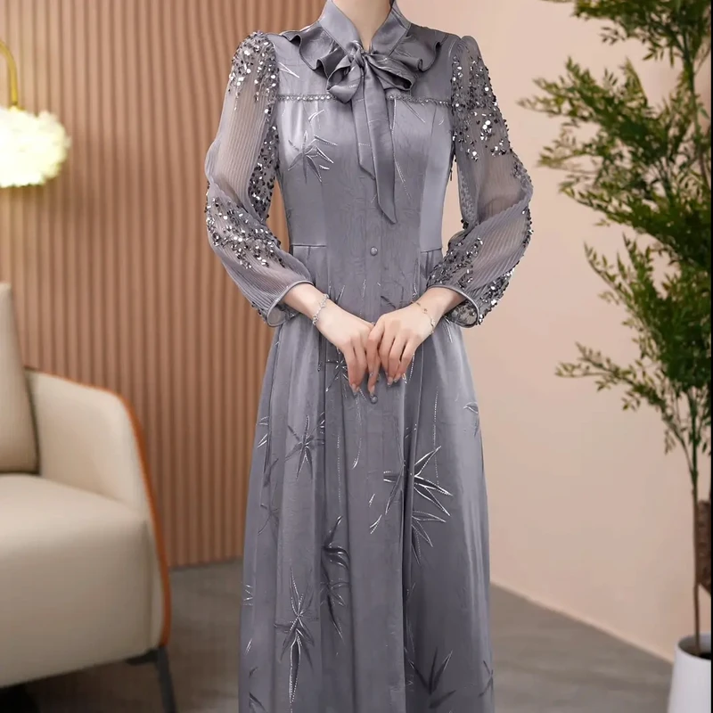 裙子高腰洋气时尚气质常规连衣裙长袖秋季春季高弹力吸汗中长款