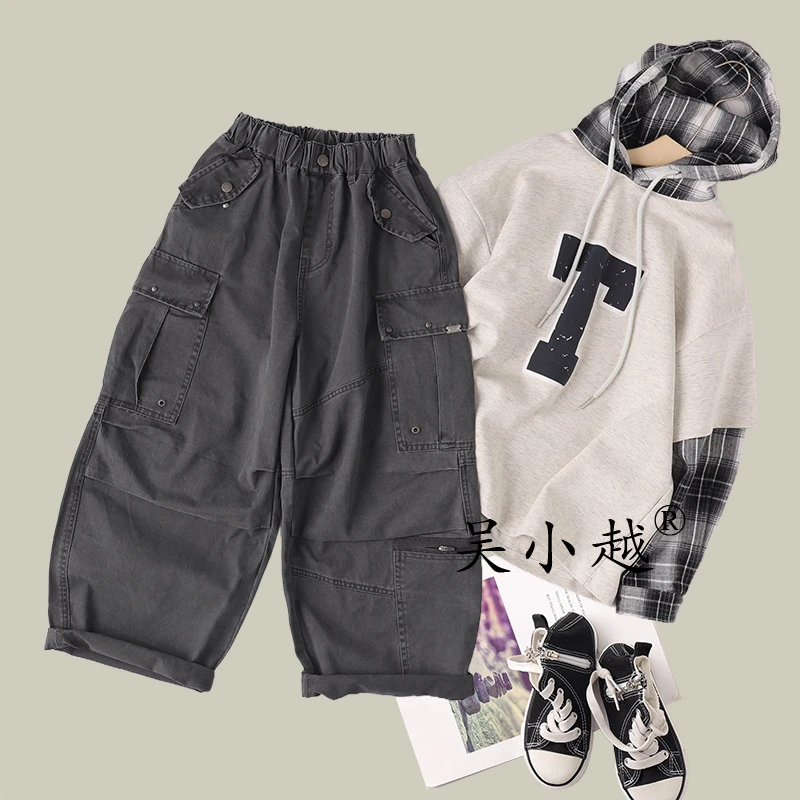 吴小越W1508男童散兵工装裤子儿童棉布口袋长裤男孩休闲运动裤
