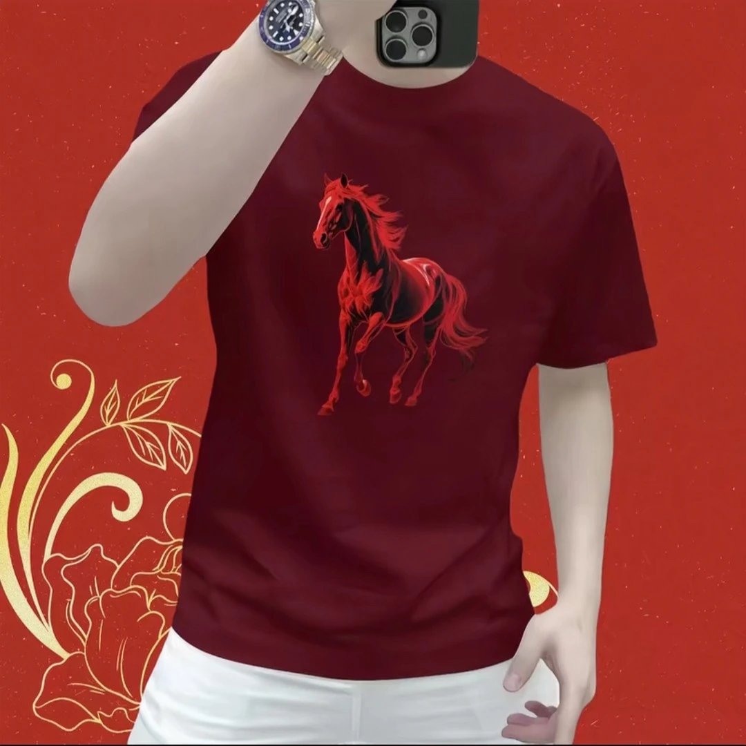 2026马年爆款纯棉骏马印花短袖T恤男士本命年红色高级感体恤上衣