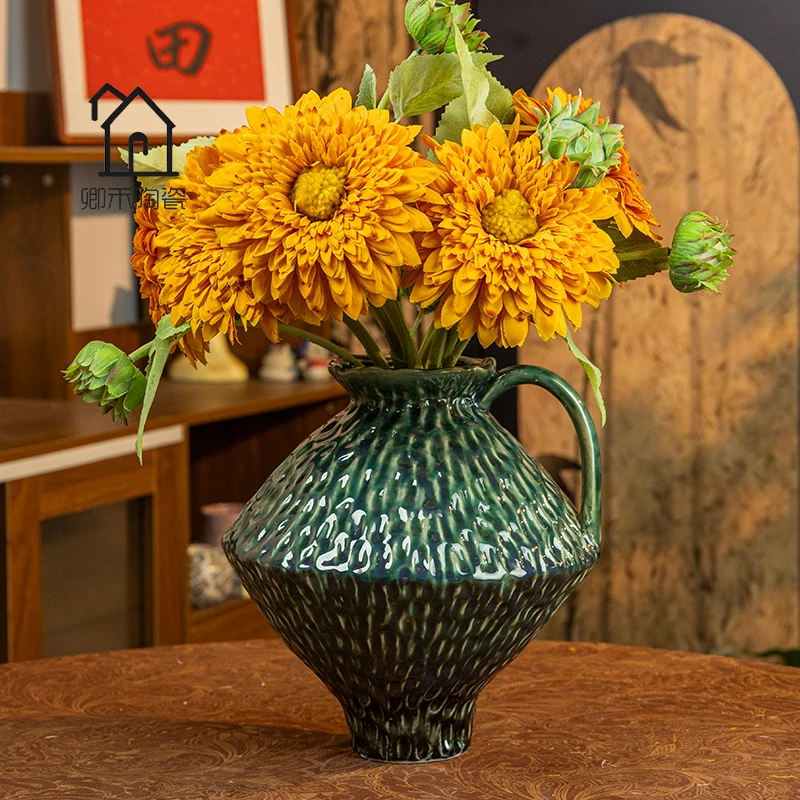 《孔雀绿把手》百搭家居客厅书房干花鲜花现代景德镇陶瓷花瓶摆件