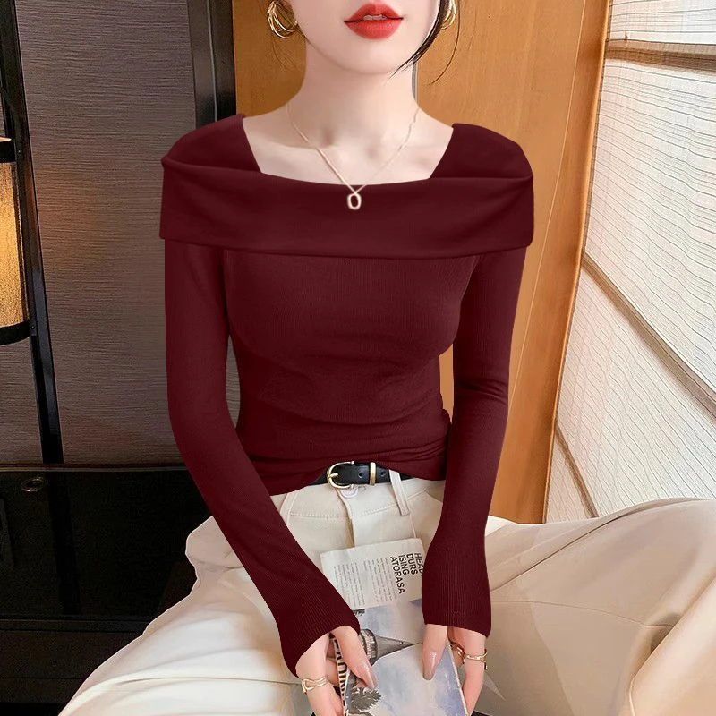 纯色遮肉高级感露肩上衣女2025修身内搭螺纹洋气一字肩长袖打底