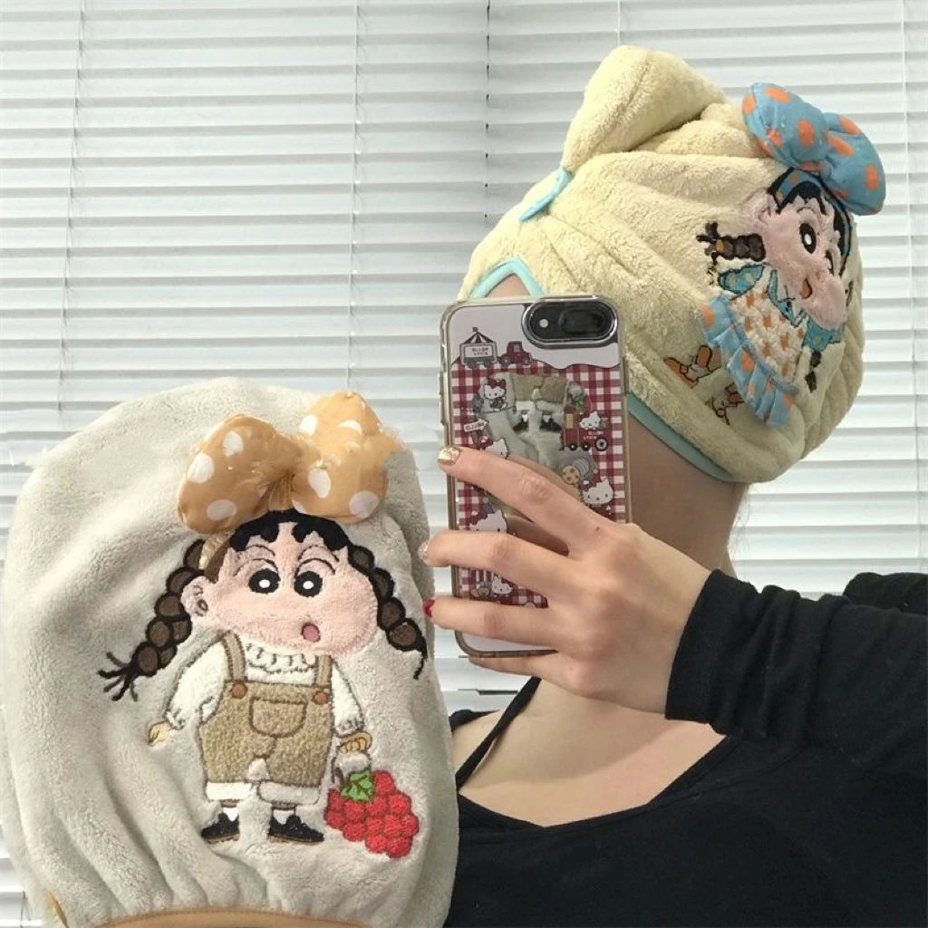 干发帽刺绣吸水蜡笔小新女珊瑚绒2025ins新款可爱卡通速干包头巾T