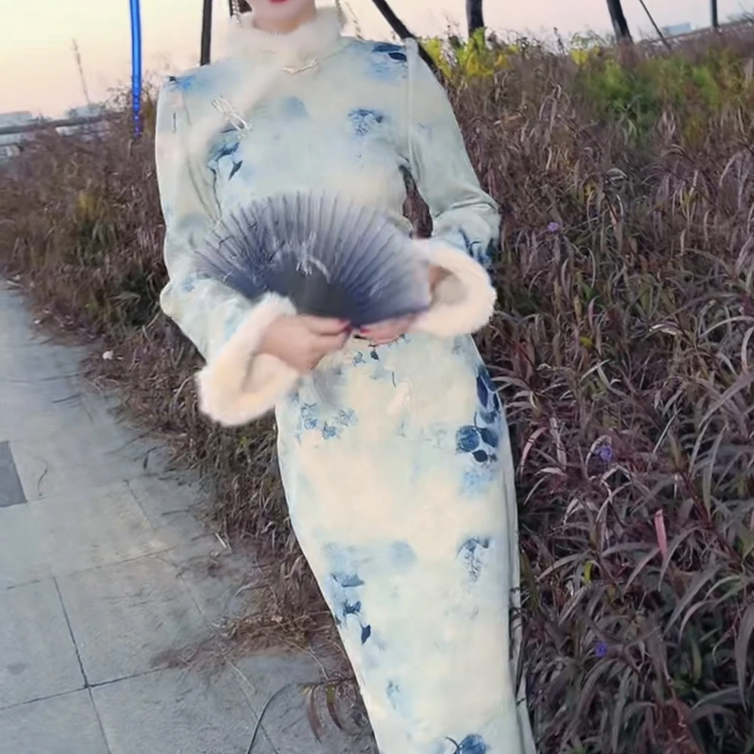 旗袍厚款提花新中式修身复古冬季网红日常气质中长款加厚加绒