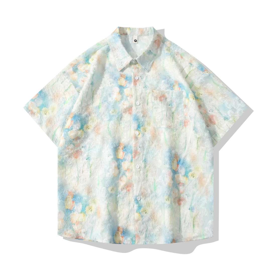 夏季轻薄提花设计感短袖衬衫男士外套宽松小众潮流痞帅度假衬衣服