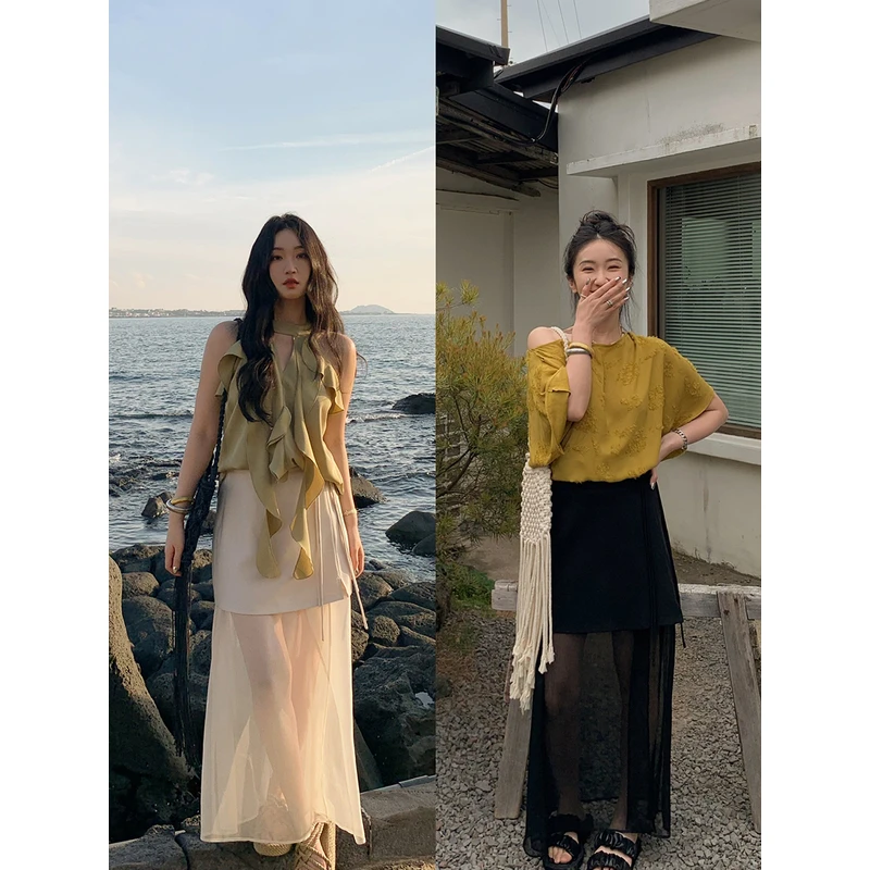 任小艺拼接假两件半身裙女夏季新中式国风显瘦纱裙长款开叉a字裙