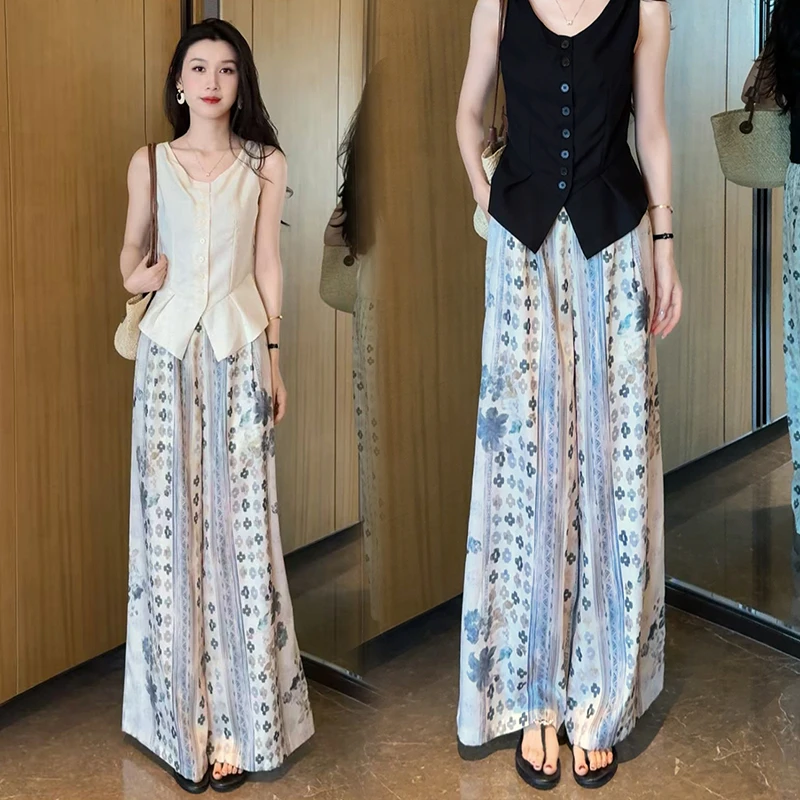 气质松弛感复古印花阔腿裤2025年夏季新款显瘦高腰亲肤百搭长裤女