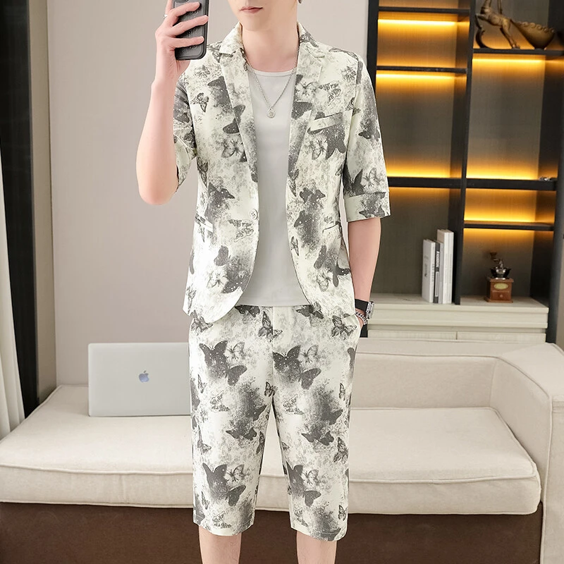 西服套装男士韩版修身2025夏季新款七分袖小西装百搭高档裤子套装