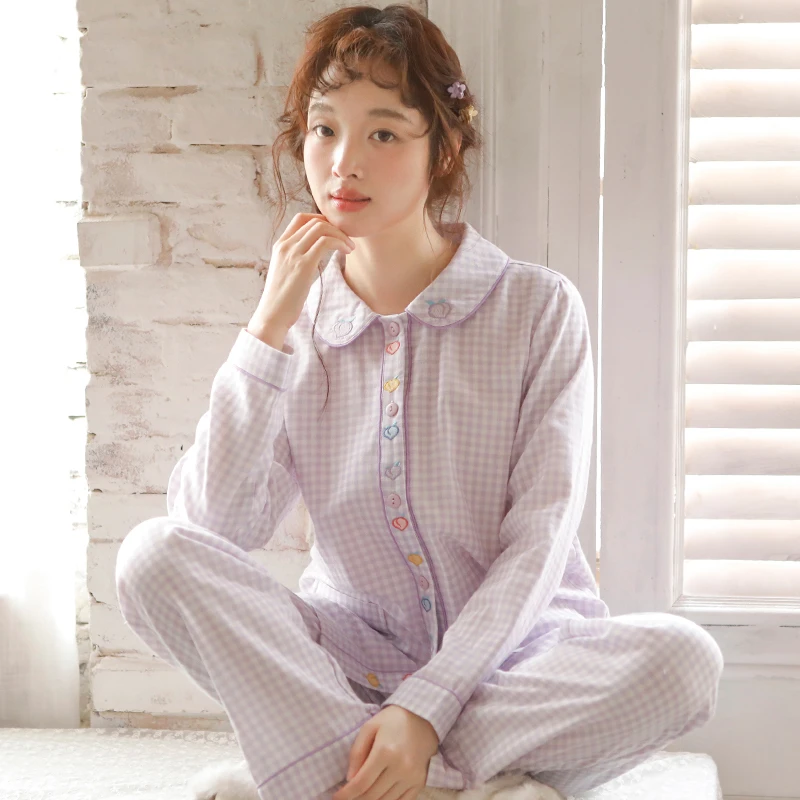 春夏纯棉女士宽松睡衣双层棉纱薄款透气长袖长裤家居服套装249004