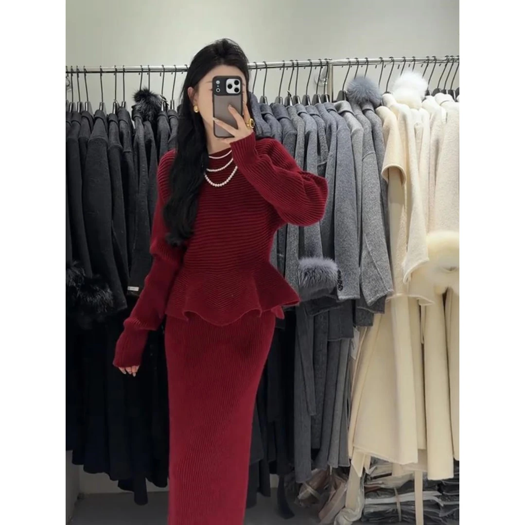 轻熟御姐风气质红色针织上衣半裙女装2025秋冬新款时髦巨好看套装