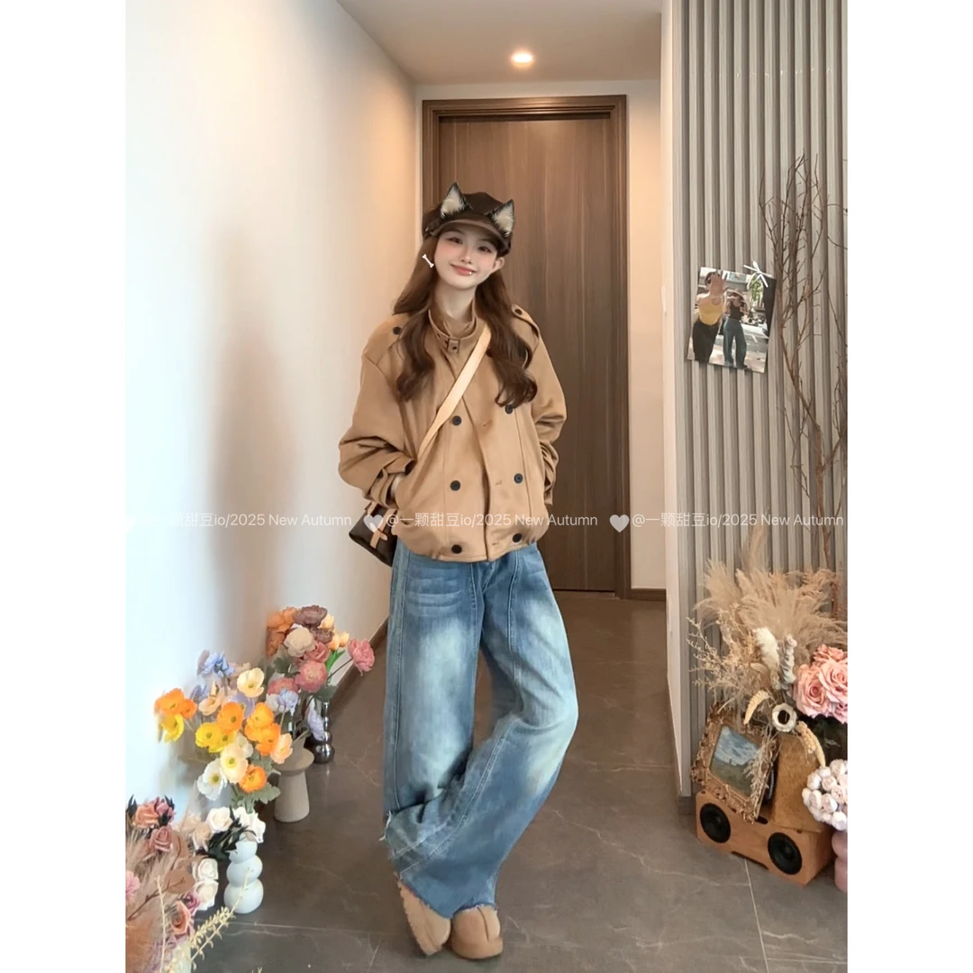 【运补6米】2025短外套麂皮常规秋季复古上衣下摆开衫立领防风长袖