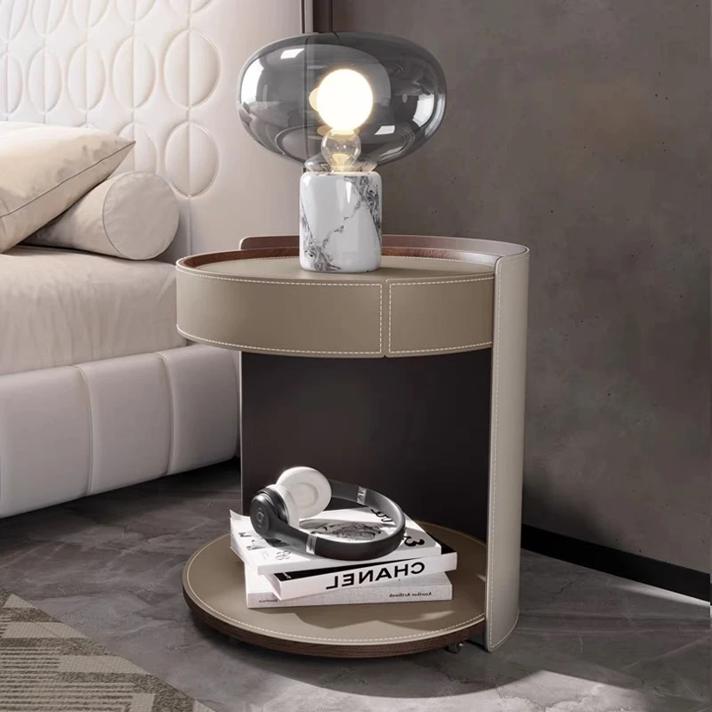 意式极简马鞍皮圆形床头柜皮质床边柜带轮子移动卧室可移动床边柜