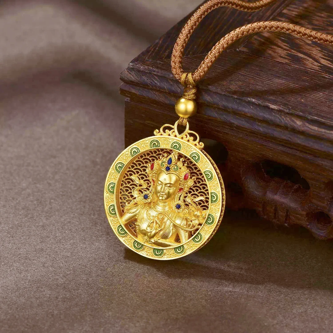 足金绿度母编绳吊坠黄金顶珠编绳吊坠