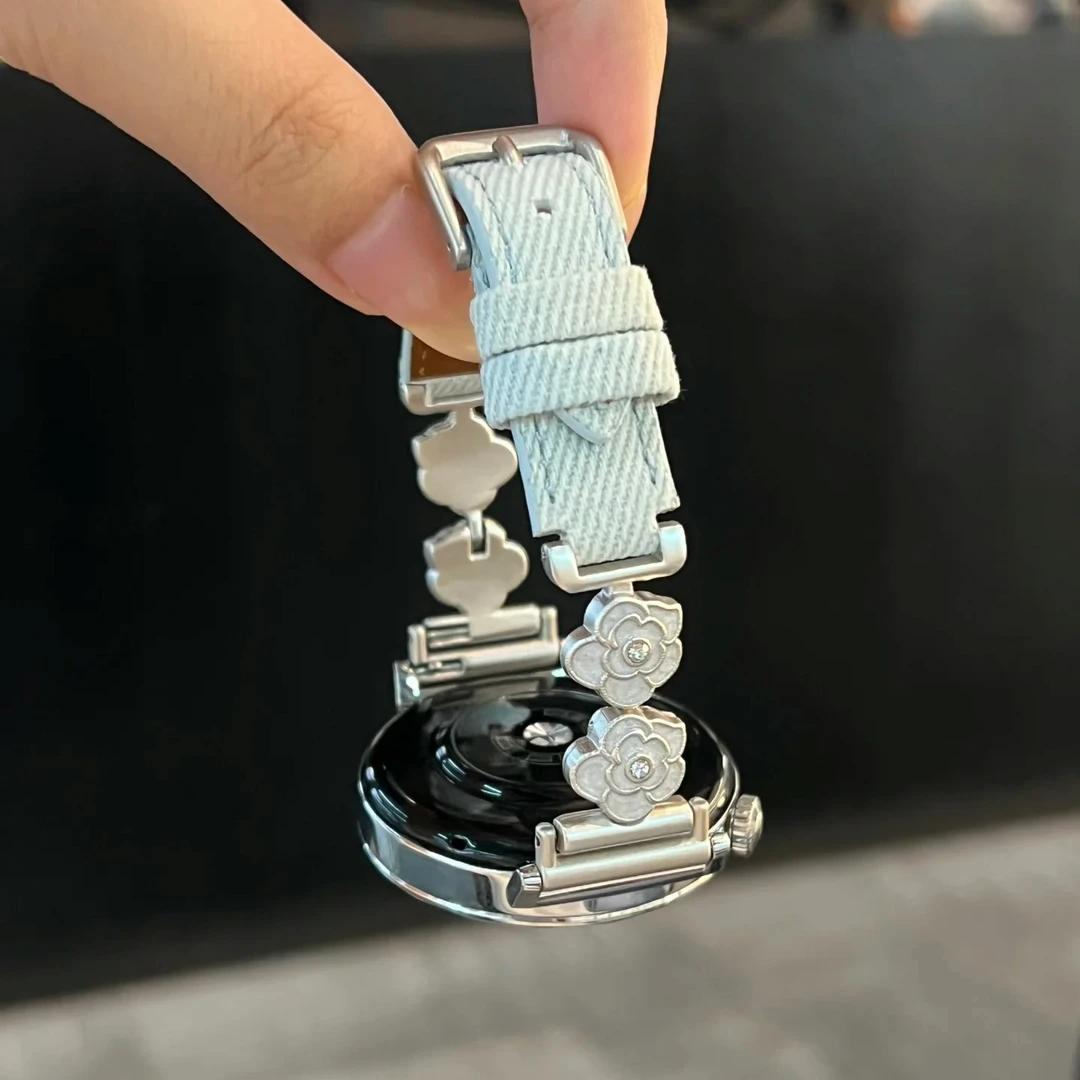 适用华为手表金属山茶花拼牛仔手表表带gt5GT4watch4华为gt3/fit3