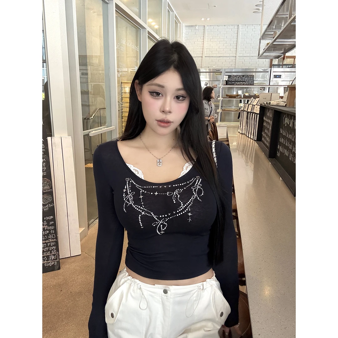 黑泽玄七”冰雕星象T”夏季显瘦手工烫钻辣妹修身微透天丝羊毛上衣