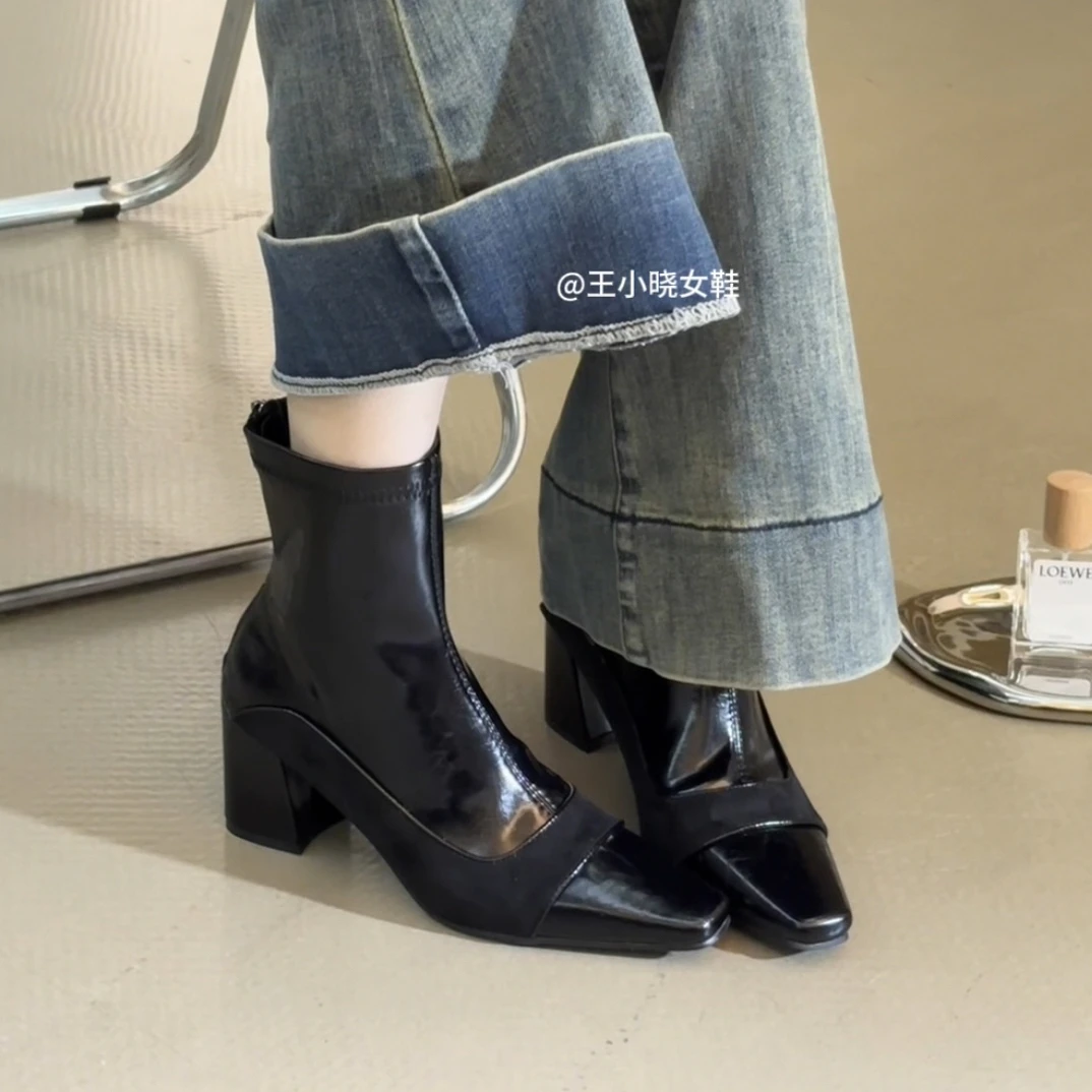 2025秋冬季～法式百搭中跟女靴短靴弹力瘦瘦靴秋季通勤方头高跟靴