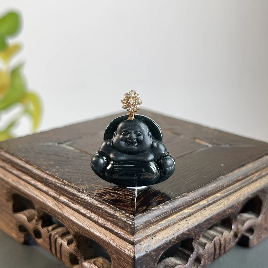 JTB21-175 黑色天然翡翠A货 黑-18K钻扣佛公