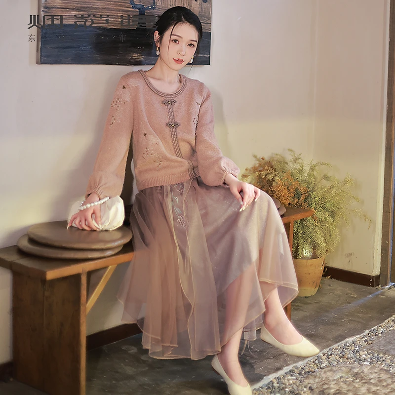 烟花烫国风套装女装 2025秋季新款针织毛衣网纱半身裙 冰皎皎冰