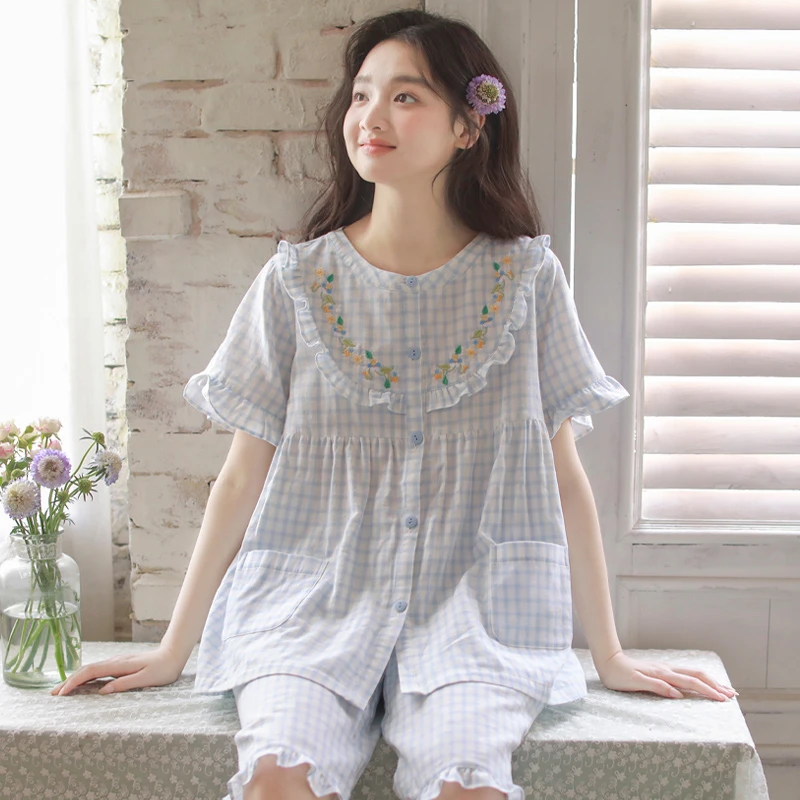 睡衣女款夏2025新款纯棉布料甜美少女短袖中裤外穿薄棉纱家居服