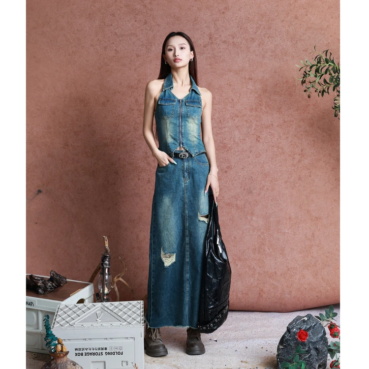 西町村屋复古破洞牛仔A字裙女装夏季新款气质长款半身裙XAAB10126