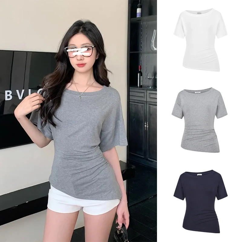 Moses Queen/魔西女王纯欲不规则斜肩短袖T恤收腰修身露肩上衣