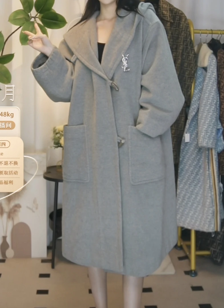 95新 YSL/圣罗兰 长款连帽大翻领大衣外套/fy3398
