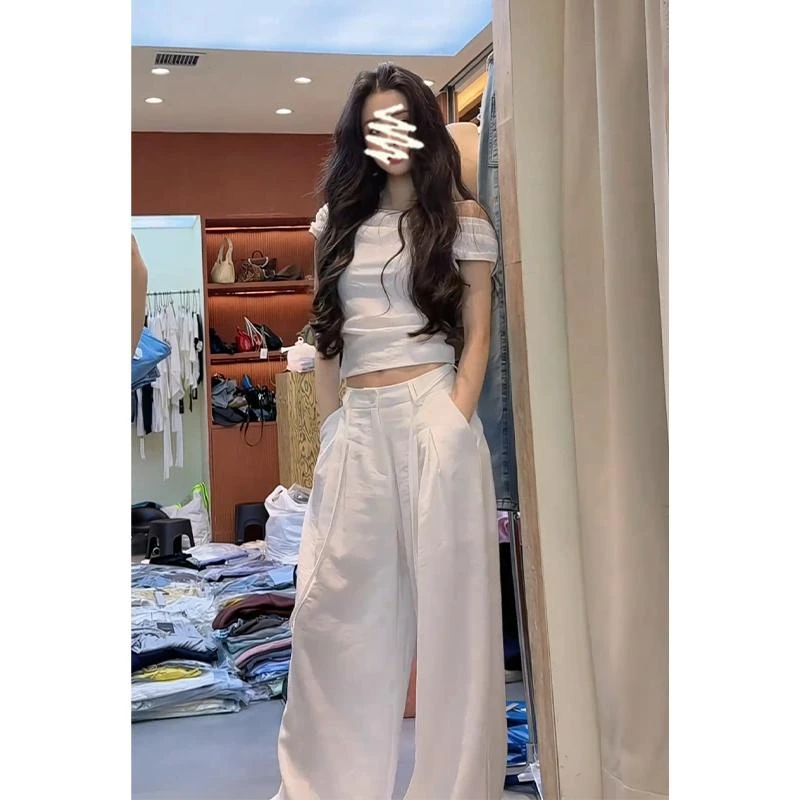 2025夏季新款女韩系穿搭修身一字领短袖上衣气质高腰显瘦阔腿长裤