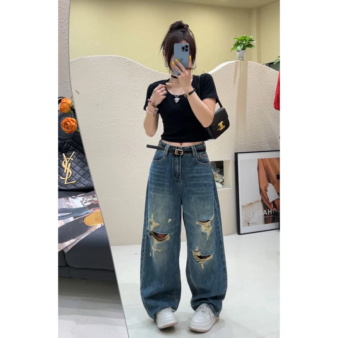 美式复古破洞牛仔裤高腰女薄料夏季宽松阔腿弯刀裤老爹裤堆堆裤