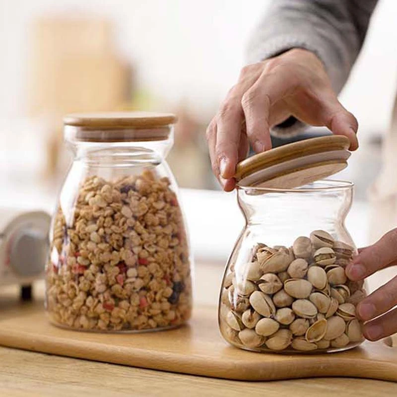 竹木盖透明玻璃密封罐厨房玻璃瓶茶叶罐食品糖果罐子玻璃罐