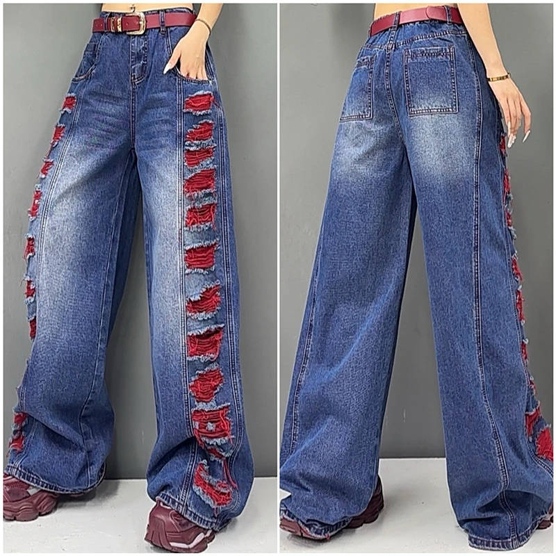 春夏高腰复古破洞设计水洗牛仔裤女时尚经典百搭直筒阔腿裤-5032