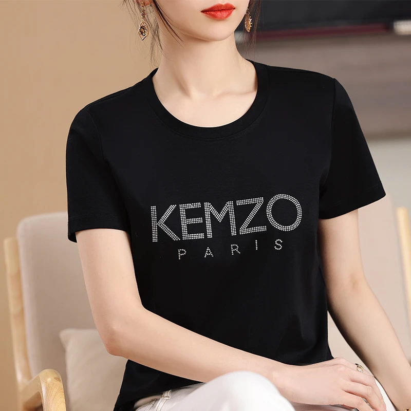 100%纯棉T恤女130支双面丝光棉短袖圆领宽松大码夏百搭时尚烫钻