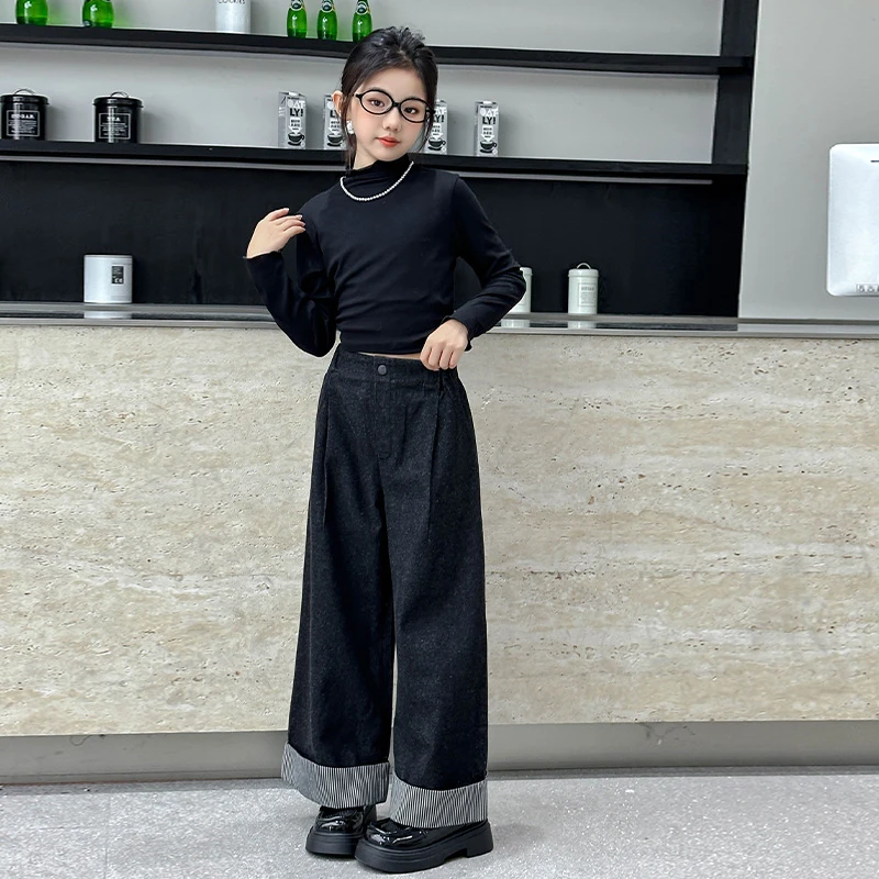 女童牛仔裤秋装韩版女大童时髦宽松阔腿裤儿童春秋卷边直筒拖地裤